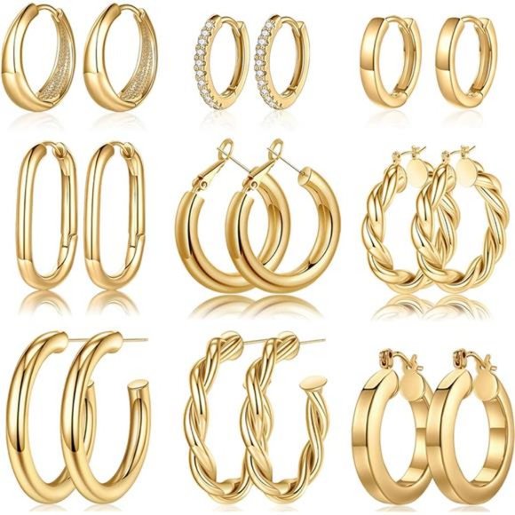 9 Pairs Gold Hoop Earrings 925 Sterling Silver Post 14K Real Gold Plated - Picture 1 of 8